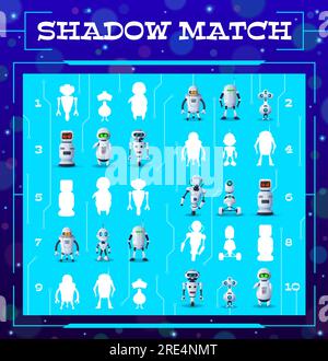 Trouver ombre de robots vecteur jeu pour enfants, puzzle éducatif. Jeu de mémoire, labyrinthe, puzzle ou énigme logique avec tâche éducative de faire correspondre des silhouettes de robot d'intelligence artificielle, bots android de dessin animé Illustration de Vecteur