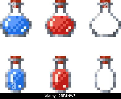 Ensemble de potions de pixels. Flacon bleu pour mana, élixir rouge pour la santé et bouteille vide. Illustration vectorielle Illustration de Vecteur