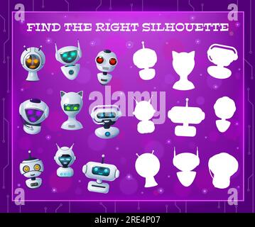 Trouver la silhouette droite de robot, jeu de labyrinthe pour enfants ou énigme de table, vecteur. Trouver et assortir la silhouette des androïdes de dessin animé, robots, cyberchatbots ou cyborgs drôles et extraterrestres de l'espace, jeu de plateau pour enfants Illustration de Vecteur