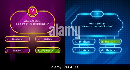 Questions de jeu quiz ou modèles de choix de menu de test avec réponses, fond vectoriel. Mise en page d'une émission télévisée de jeu-questionnaire ou de concours-questionnaire avec options de réponse néon dans des cadres numériques pour la quête de quiz de connaissances Illustration de Vecteur