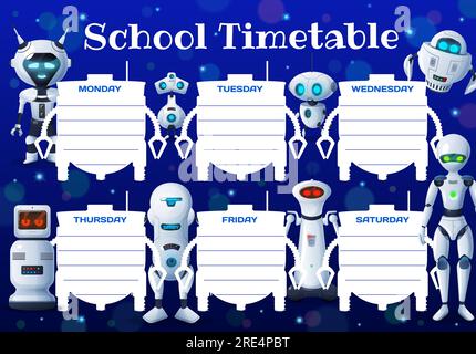 Calendrier de l'éducation programmez des robots, droïdes et cyborgs. Modèle de planificateur hebdomadaire vectoriel avec androïdes. Tableau de temps de l'école pour les leçons, conception de cadre avec des drones d'intelligence artificielle et des robots ai mignons Illustration de Vecteur