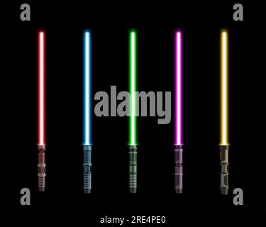 Épées légères, sabres luisants fixés avec des faisceaux laser. Vecteur néon rouge, bleu, vert et jaune épées de lumière d'arme de jeu de guerre spatiale. Star force jedi ou chevalier sabres futuristes avec des lames brillantes Illustration de Vecteur