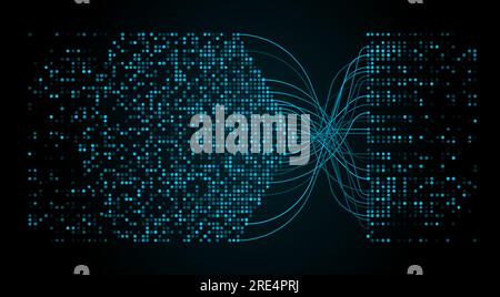 Visualisation de Big Data, analyse et tri des informations numériques. Arrière-plan vectoriel de technologie de réseau avec flux d'informations numériques et flux d'analyse de données volumineuses de points lumineux et de lignes ondulées Illustration de Vecteur