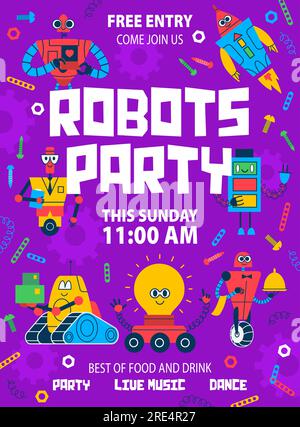 Dépliant de fête robot pour enfants. Robots de dessin animé et droïdes dansant sur l'affiche d'invitation vectorielle de fête d'anniversaire. Mignon jouets robotiques vintage, machine spatiale, homme spatial droïde, assistant, serveur et personnages de batterie Illustration de Vecteur