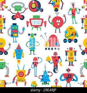 Dessins animés robots modèle sans couture, fond de vecteur de personnages robotiques mignons. Jouets robotiques Droid et monstres extraterrestres électroniques ou humanoïdes de l'espace, bots android drôles pour enfants et motif de créatures mécaniques Illustration de Vecteur