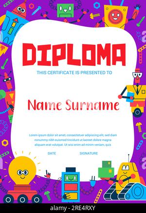 Diplôme pour enfants de robots drôles de dessins animés et de jouets droïdes, de machines spatiales vintage et de personnages assistants android. Certificat de diplôme de vecteur ou récompense d'éducation, robot spatial rétro métal, cyborg humanoïde Illustration de Vecteur