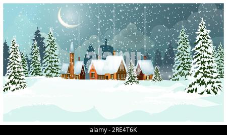 Paysage d'hiver enneigé avec des chalets et des sapins vecteur Illustration de Vecteur