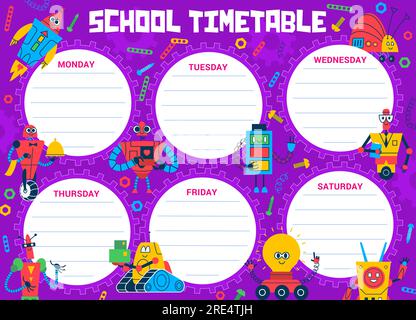 Horaire scolaire. Calendrier hebdomadaire des robots de dessin animé et des droïdes sur le cadre de fond vectoriel avec des engrenages mécaniques, des jouets robotiques et des personnages de machine spatiale. Les classes planifient avec des cyborgs et des androïdes Illustration de Vecteur