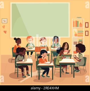Scène de classe, enfants de diverses ethnies assis à des pupitres d'école, espace de copie de tableau noir Illustration de Vecteur