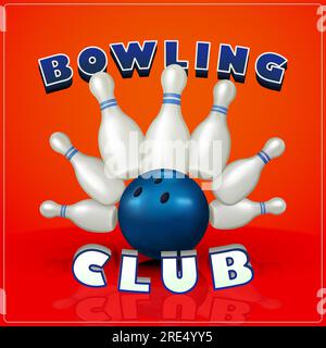 Club de bowling. Éléments sportifs réalistes en 3D avec quilles et boules de bowling. Modèle d'affiche vectorielle. Balle frappant les quilles, adapté à la compétition et Illustration de Vecteur