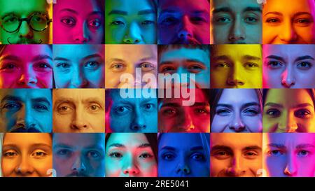 Collage réalisé à partir de portraits en gros plan de différentes personnes, hommes et femmes regardant l'appareil photo sur fond multicolore avec une lumière néon Banque D'Images