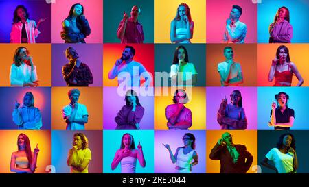 Collage réalisé de portraits de différents hommes et femmes, en levant le doigt sur un fond multicolore avec une lumière de néon. Idées Banque D'Images