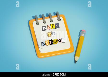 Collage composite image 3D de la page de planificateur de cahier de crayon retour au texte de l'école isolé sur fond bleu créatif Banque D'Images