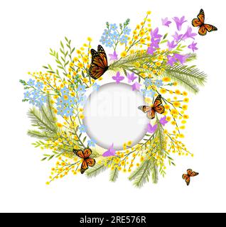 Mimosa jaune, fleurs de taches jaunes, éclaboussures. Couronne printanière des fleurs jaunes les plus brillantes. Bonjour Spring Illustration de Vecteur