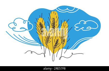 Épillets de blé et illustration d'art vectoriel simple de ciel. Un dessin d'art au trait continu d'épillets de blé dans les couleurs du drapeau ukrainien bleu et Illustration de Vecteur