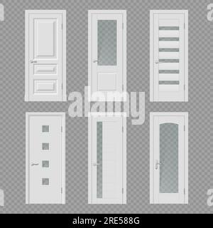 Portes intérieures blanches maquettes réalistes d'entrées de salle de vecteur et de portes avec des cadres en bois, des poignées en métal et des panneaux de verre. Objets de décoration intérieure maison, bureau, appartement ou hôtel Illustration de Vecteur
