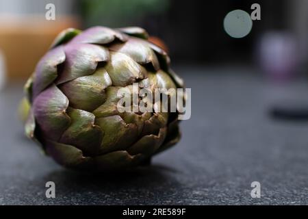 Fleur d'artichaut fraîche sur fond sombre. Artichaut biologique de santé Banque D'Images