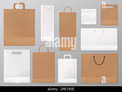 Maquettes de vecteur de sac en papier de shopping blanc et brun vierges et paquets cadeaux. Sacs en papier et carton artisanaux réalistes avec poignées en soie, corde et corde. Paquets de magasins et de supermarchés, emballage de détail Illustration de Vecteur