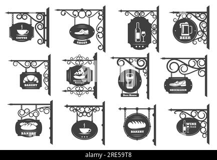 Design vectoriel de panneaux de rue vintage. Panneaux d'enseigne de magasin de fer accrochés sur des supports en métal forgé et des chaînes avec des ornements forgés antiques, restaurant, magasin et café, pub ou bar et enseignes de boulangerie Illustration de Vecteur