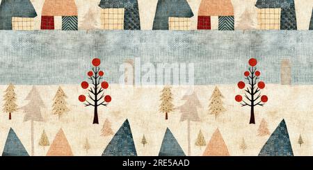 Chalet de noël rustique avec effet de tissu de couture à la main primitive. bordure. Garniture de ruban homespun chic et nostalgique douillet avec americana Banque D'Images