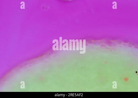 bulles de fond de chimie abstraite. Bulles liquides fluorescentes sur fond violet, macro photo simulation de cellules et tissus organiques. Fluorescent Banque D'Images
