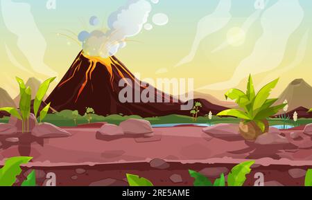 Scène de jeu pc de volcan vapeur préhistorique, fond volcanique de vecteur de bande dessinée avec des palmiers, rivière et rochers sous le ciel nuageux. Ère jurassique de l'évolution de la Terre, paysage naturel avec des plantes tropicales Illustration de Vecteur