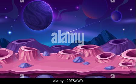 Surface de planète de dessin animé avec des cratères, fond d'espace. Paysage extraterrestre vectoriel avec des kraters roses ou violets, comète tombante dans le cosmos et sphères de planète dans l'Univers. Scène cosmique de jeu informatique futuriste Illustration de Vecteur