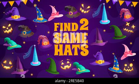 Trouvez deux mêmes sorciers et chapeaux de sorcière énigme pour enfants. Jeu de labyrinthe vectoriel avec chapeaux de magicien Halloween pour l'activité éducative des enfants. Feuille de travail de jeu de société de dessin animé avec coiffures de conte de fées et visages de citrouille Illustration de Vecteur