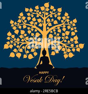 Jour de Vesak et moine de Bouddha sous l'arbre, vacances heureuses de bouddhisme Wesak, carte de voeux vecteur. Bouddhiste en posture de lotus en méditation sous la silhouette d'arbre sacré, fond de célébration de festival hindou Illustration de Vecteur