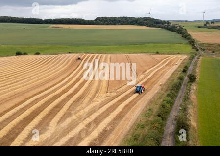 Vue aérienne par drone d'une ramasseuse-presse et d'une moissonneuse-batteuse récoltant une récolte près de Cardenden, Fife, Écosse. Banque D'Images