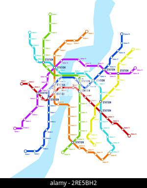 Métro, métro, carte vectorielle du système de transport souterrain. Plan de ligne de transport ferroviaire avec stations de métro Illustration de Vecteur