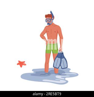 Jeune plongeur en palmes. Homme portant un masque de plongée et un tuba, gars tenant des palmes tout en se tenant dans l'eau sur la plage ou la côte. Personnage de vecteur plat plongeur avec équipement de plongée en apnée Illustration de Vecteur