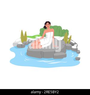 Baignoire de source chaude Japan onsen. Femme avec serviette se relaxant dans la piscine thermale de vecteur spa japonais. Sauna extérieur animé avec rochers, eau chaude, vapeur et plantes vertes, visites de la station thermale onsen Illustration de Vecteur