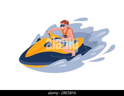 Un homme joyeux monte un jet ski. Vacances d'été, sports nautiques extrêmes et activités balnéaires. Personnage de vecteur touristique isolé en gilet de sauvetage et lunettes de soleil, fringant sur scooter de l'eau, jet ski Illustration de Vecteur