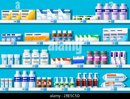 Étagère de pharmacie avec médicaments. Étagères vectorielles de l'intérieur de la pharmacie avec des pilules, des vitamines, des capsules et des bouteilles de médicaments. Récipients en plastique, bouteilles en verre, boîtes en papier, sprays, lingettes humides sur les supports de comptoir Illustration de Vecteur