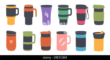 Tasses, gobelets et thermos thermo réutilisables. Tasses de voyage Vector pour café ou thé boissons chaudes, bouteilles d'eau ou flacons thermiques avec poignées et couvercles en plastique, tasses thermo isolées pour boissons à emporter Illustration de Vecteur