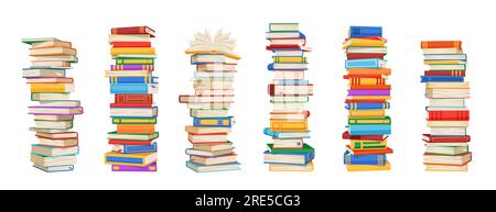 Piles de livres élevées et piles de livres vectoriels, manuels scolaires et BEST-sellers, dictionnaires et encyclopédies, littérature de bibliothèque ou de librairie. Piles isolées de livres de dessins animés, connaissances, éducation Illustration de Vecteur