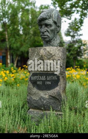 Novi Sad, Serbie - 7 juillet 2023 : Miroslav Mika Antic, poète serbe, réalisateur, journaliste et peintre, buste de bronze est situé dans le Danube par Banque D'Images