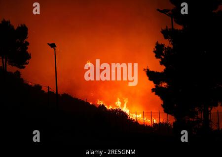 Borgetto (PA) - 25/07/2023, INCENDIE D'URGENCE ROMITELLO DÉTRUIT PAR LES FLAMMES VACANCIERS ÉVACUÉS dans la photo Monte Gradara sur le feu dans toute la zone Romitello usage éditorial seulement Banque D'Images