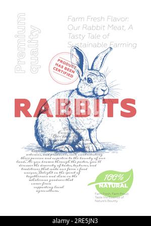 Affiche publicitaire de magasin de viande de lapin avec croquis de lièvre vintage. Imprimé rétro du marché de boucherie. Modèle de typographie créative d'étiquette de bouchery. Plaque de produit agricole naturel gravure illustration dessinée à la main. Vecteur Illustration de Vecteur