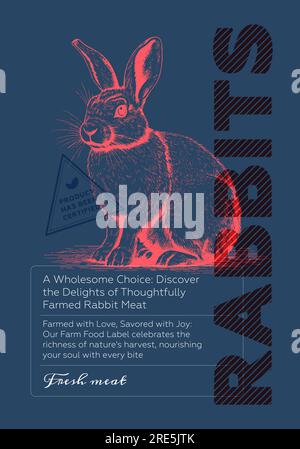 Affiche de viande de lapin. Lièvre de croquis vintage sur fond coloré. Imprimé rétro du marché de boucherie. Modèle de typographie créative d'étiquette de bouchery. Plaque de produit agricole naturel. Gravure dessin eps illustration Illustration de Vecteur