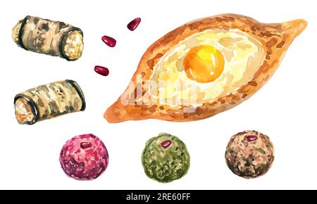 Vecteur de nourriture géorgienne. Adjara khachapuri. Rouleaux d'aubergines au fromage et à l'ail. Boulettes de légumes à la grenade. Nourriture à l'aquarelle dessinée à la main Illustration de Vecteur