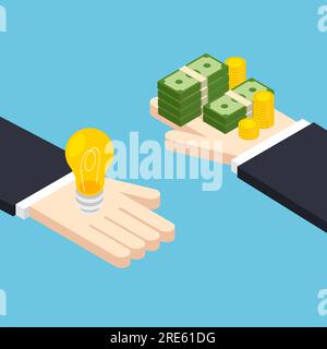 Les mains isométriques tiennent l'argent et l'ampoule. Concept d'idée d'achat. Nouvelle entreprise ou démarrage. Illustration vectorielle isolée sur fond bleu. Illustration de Vecteur