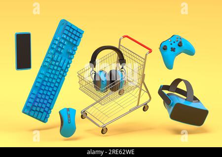 Les engrenages de gamer comme la souris, le clavier, le joystick, le casque, la VR et les chariots d'achat Banque D'Images