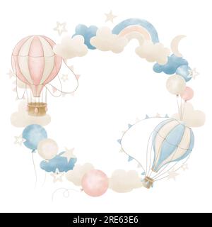 Couronne avec ballons d'air chaud dans des couleurs pastel. Cadre circulaire dessiné à la main avec des avions vintage avec des nuages et des étoiles pour cartes de voeux de douche de bébé ou invitations d'enfants sur fond isolé blanc. Banque D'Images