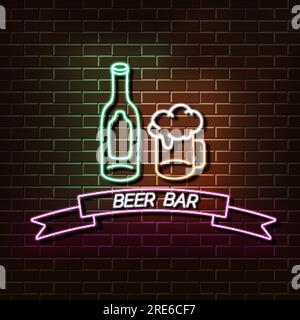 Bannière lumineuse néon bar à bière sur un mur de briques. Signe vert et rose. Élément rétro réaliste décoratif pour la conception de sites Web Illustration de Vecteur