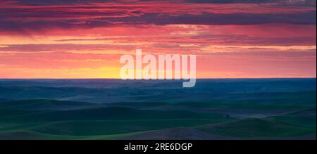Vue panoramique sur les collines de Palouse et le ciel de coucher du soleil en juin. Comté de Whitman, Washington, États-Unis. Banque D'Images
