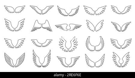 Icône de ligne noire de l'aile définie. Ailes d'oiseau d'ange avec long livre de coloriage de plumes. Emblème de l'insigne militaire vintage Freedom simbol Heraldic. Cadre ailé pour badge de pilote d'aviation. falcon phoenix Hawk volant Illustration de Vecteur