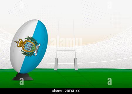 Ballon de rugby de l'équipe nationale de Saint-Marin sur le stade de rugby et les poteaux de but, se préparant à un penalty ou coup franc. Illustration vectorielle. Illustration de Vecteur