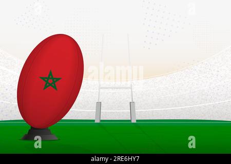 Ballon de rugby de l'équipe nationale du Maroc sur le stade de rugby et les poteaux de but, se préparant à un penalty ou coup franc. Illustration vectorielle. Illustration de Vecteur